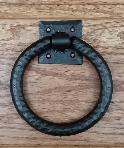 Distressed 6" ring pull with hammered back plate (our largest in this class) - Wild West Hardware