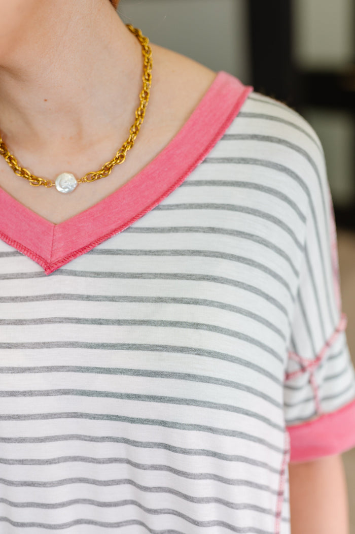 Dressed to Chill V-Neck Top in Heather/Grey/Ivory/Pink
