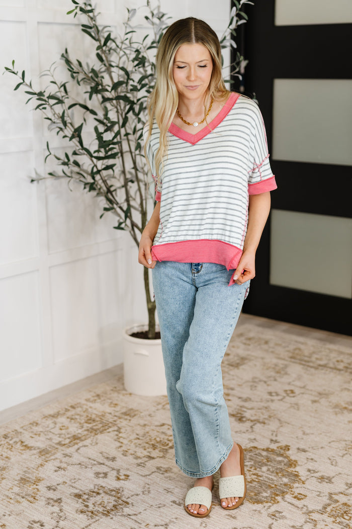 Dressed to Chill V-Neck Top in Heather/Grey/Ivory/Pink