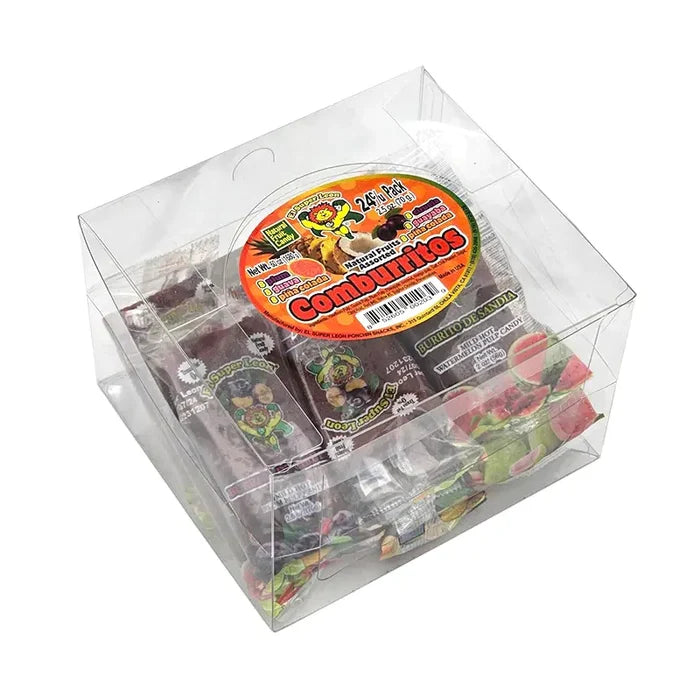 El Super Leon Comburrito Asst. Natural Fruits 2.5 oz available at Mexmax INC, perfect for wholesale buyers.
