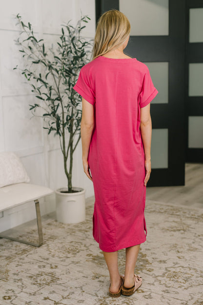 Fix You Right Up Short Sleeve Midi Dress in Hot Pink