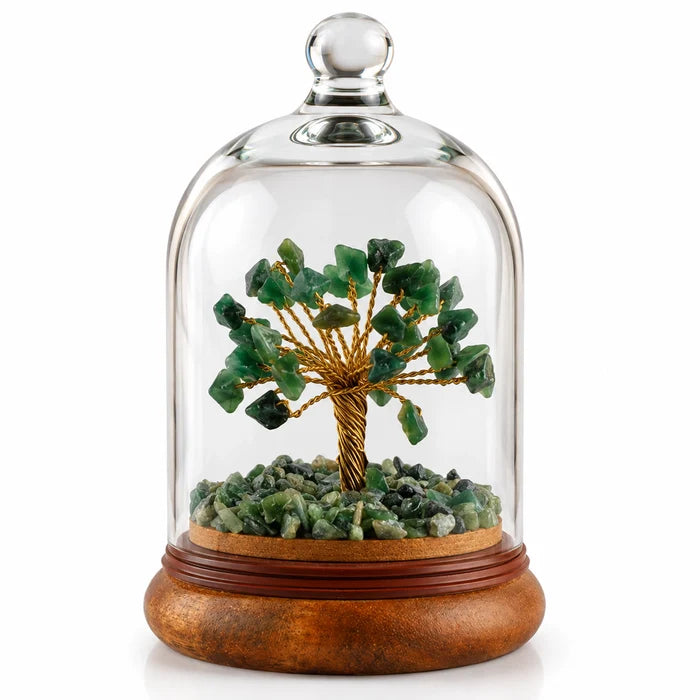 Green Aventurine Stone Tree with Glass Cloche | Handmade Art