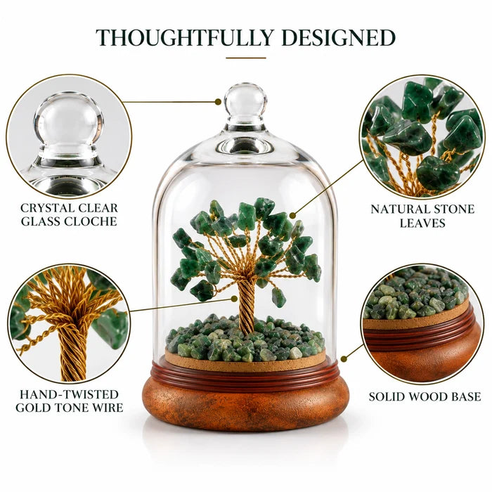 Green Aventurine Stone Tree with Glass Cloche | Handmade Art