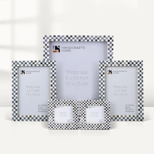 Handmade Grey White Checkered Bone Inlay Picture Frame x4 5x7 8x10, for tabletop or wall display