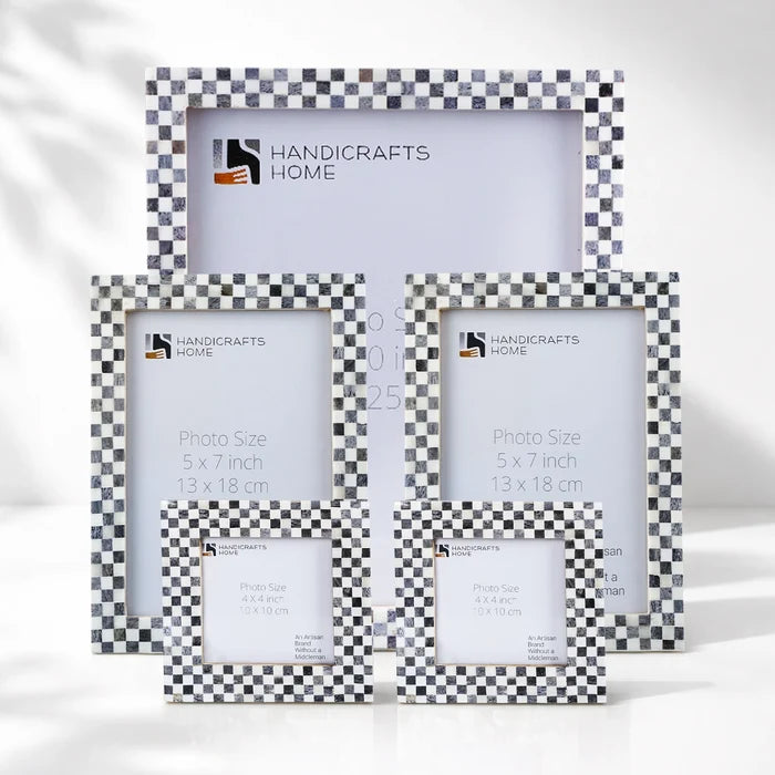 Grey White Checkered Bone Inlay Picture Frame Set of 5, 4x4 5x7 8x10