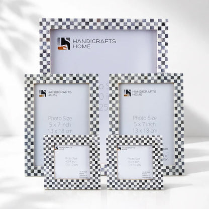 Grey White Checkered Bone Inlay Picture Frame Set of 5, 4x4 5x7 8x10
