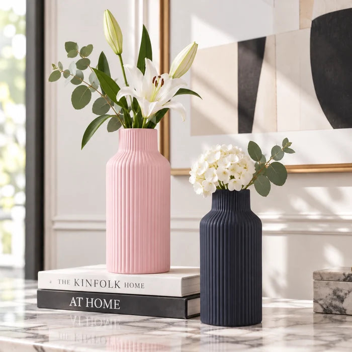 Hand-Carved Pink & Black Ceramic Vase Set Shelf & Console