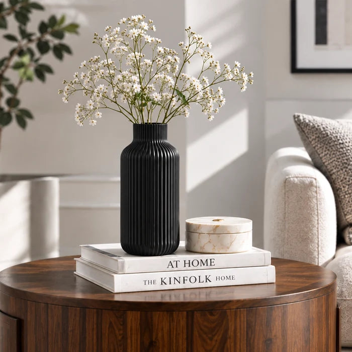 Hand-Carved Pink & Black Ceramic Vase Set Shelf & Console