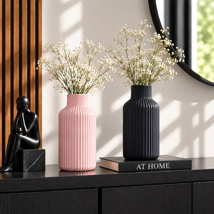 Hand-Carved Pink & Black Ceramic Vase Set Shelf & Console