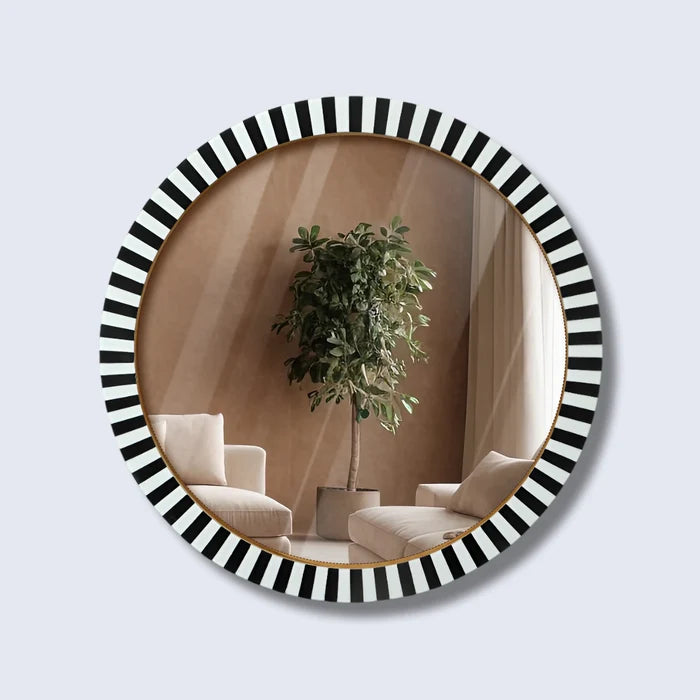 Handmade Make to order round black white striped radial pattern wall hanging mirror frame 18