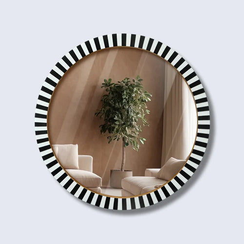 Handmade Make to order round black white striped radial pattern wall hanging mirror frame 18