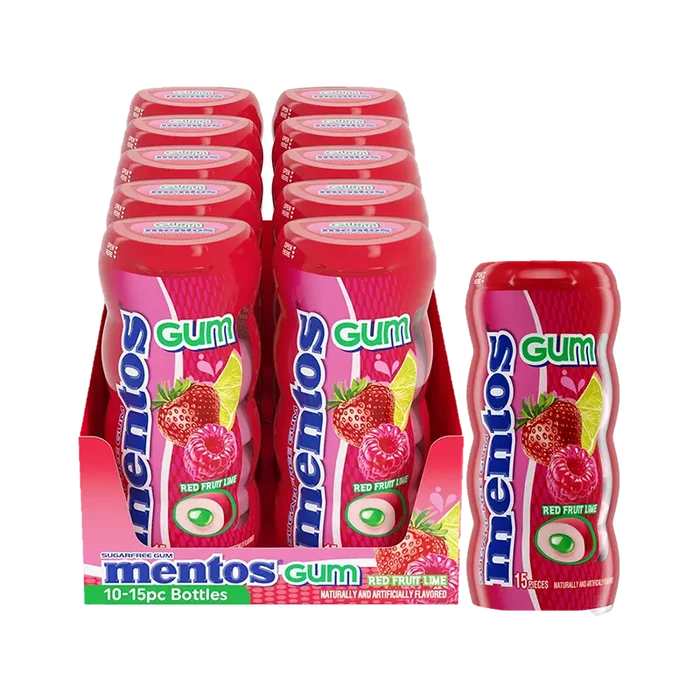 Mentos Gum Red Fruit Lime 15 pc available at Mexmax INC, perfect for wholesale buyers seeking fruity gum.