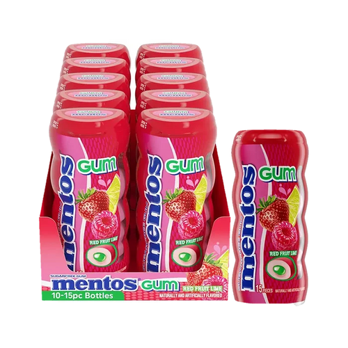 Mentos Gum Red Fruit Lime 15 pc available at Mexmax INC, perfect for wholesale buyers seeking fruity gum.