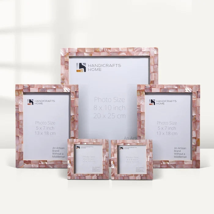 Handmade Mother of Pearl Inlay Picture Frame Set, Pink (5-Pieces, for tabletop or wall display