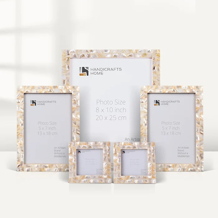 Handmade Mother of Pearl Inlay Picture Frame Set, White (5-Pieces, for tabletop or wall display