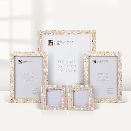Handmade Mother of Pearl Inlay Picture Frame Set, White (5-Pieces, for tabletop or wall display