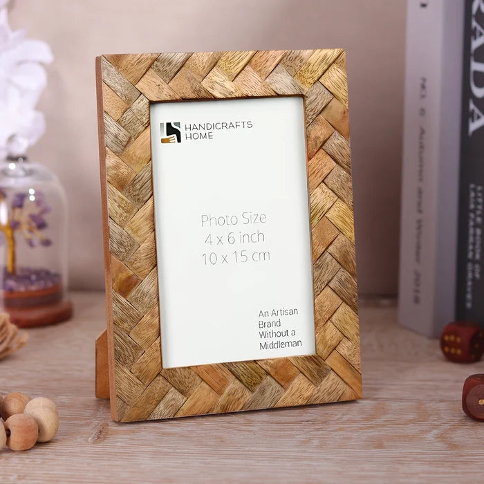 Handmade Picture Frame Cinnamon Plaits Pattern Collection Wood Inlay Brown – 4x6", for tabletop or wall display