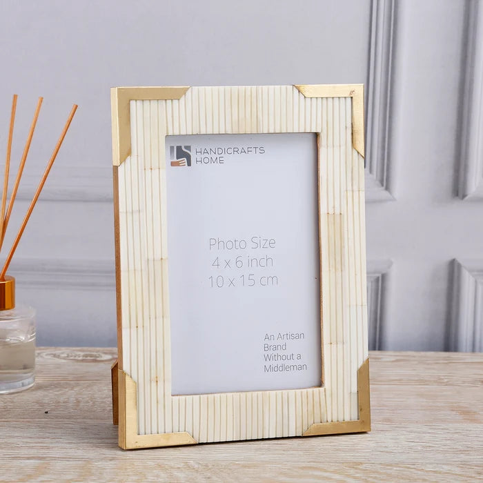Handmade Picture Frame Deluxe Carta Collection Brass & Bone Inlay, 4x6, for tabletop or wall display