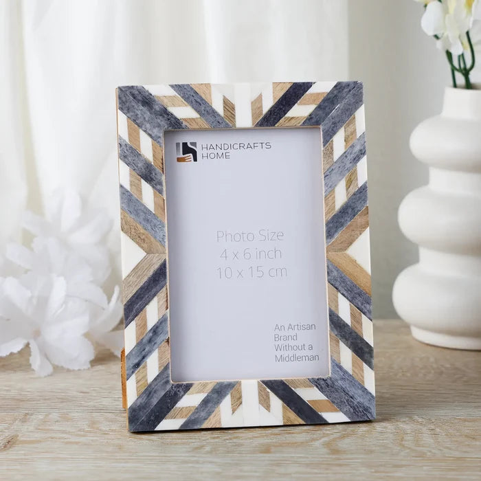 Handmade Picture Frame Hypno Ash Collection Bone Inlay, Wood Grey & White – 4x6 & 5x7", for tabletop or wall display