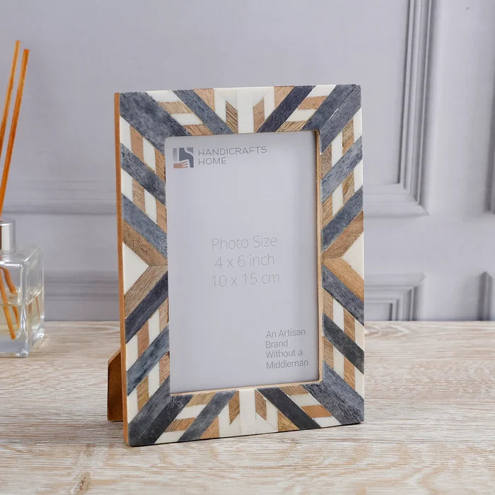 Handmade Picture Frame Hypno Ash Collection Bone Inlay, Wood Grey & White – 4x6 & 5x7", for tabletop or wall display