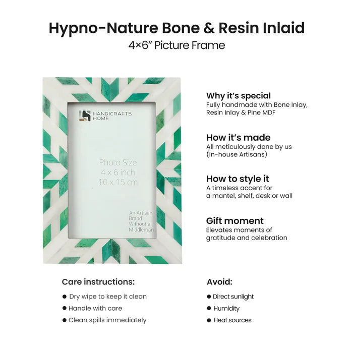 Handmade Picture Frame Hypno Nature Pattern Collection Bone Inlay Green White 4x6 5x7 8x10", for tabletop or wall display