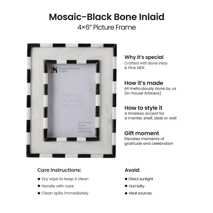 Handmade Picture Frame Mosaic Art Inspired Collection Wood & Resin Inlay Black 4x6 & 5x7", for tabletop or wall display