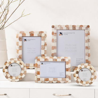 Handmade Picture Frame Scalloped Pattern Collection Bone Inlay – Brown & White, for tabletop or wall display