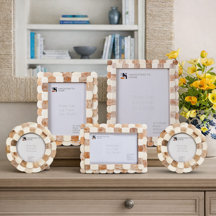 Picture Frame Set of 5 Scalloped Pattern Collection Bone Inlay – Brown & White