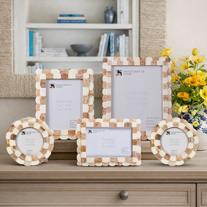 Picture Frame Set of 5 Scalloped Pattern Collection Bone Inlay – Brown & White