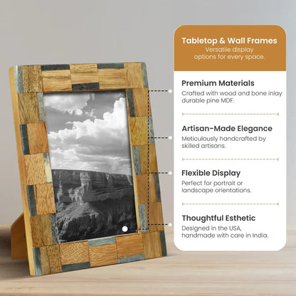 Handmade Picture Frame Stonewood Collection Bone Inlay ,Wood Grey & Brown – 4x6 & 5x7", for tabletop or wall display
