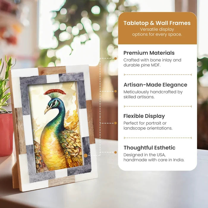 Handmade Picture Frame Woodstrip Tile Collection Wood & Bone Inlay Multi – 4x6 & 5x7", for tabletop or wall display