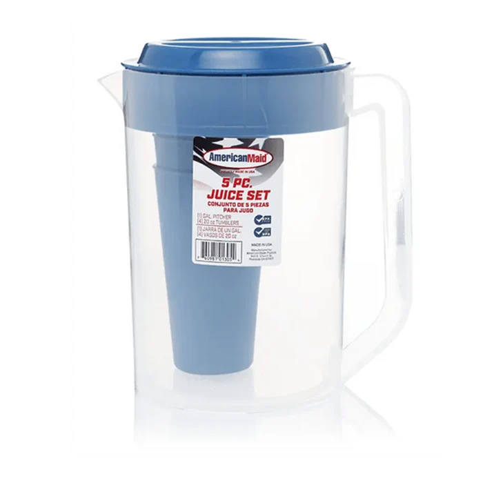 Wholesale Plastic Juice Pitcher w/20oz Drinking Cups(4)- Convenient and colorful drinkware set.