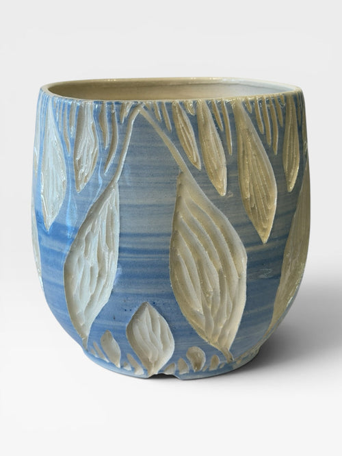 Planter - sgraffito trees, blue