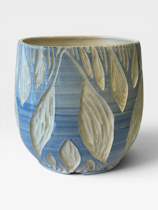 Planter - sgraffito trees, blue