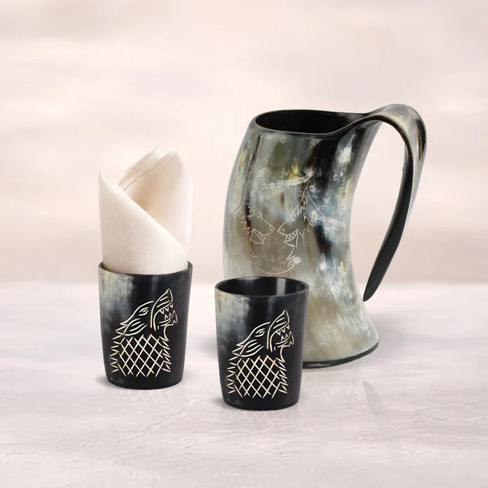 Handmade Real Buffalo Drinking Horn Viking Mug & Shot Glass Gift Set in buffalo horn, for whiskey and spirits