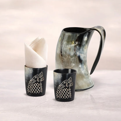 Handmade Real Buffalo Drinking Horn Viking Mug & Shot Glass Gift Set in buffalo horn, for whiskey and spirits