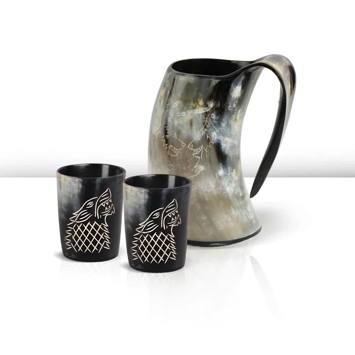 Real Buffalo Drinking Horn Viking Mug & Shot Glass Gift Set