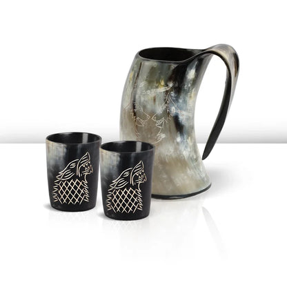 Real Buffalo Drinking Horn Viking Mug & Shot Glass Gift Set