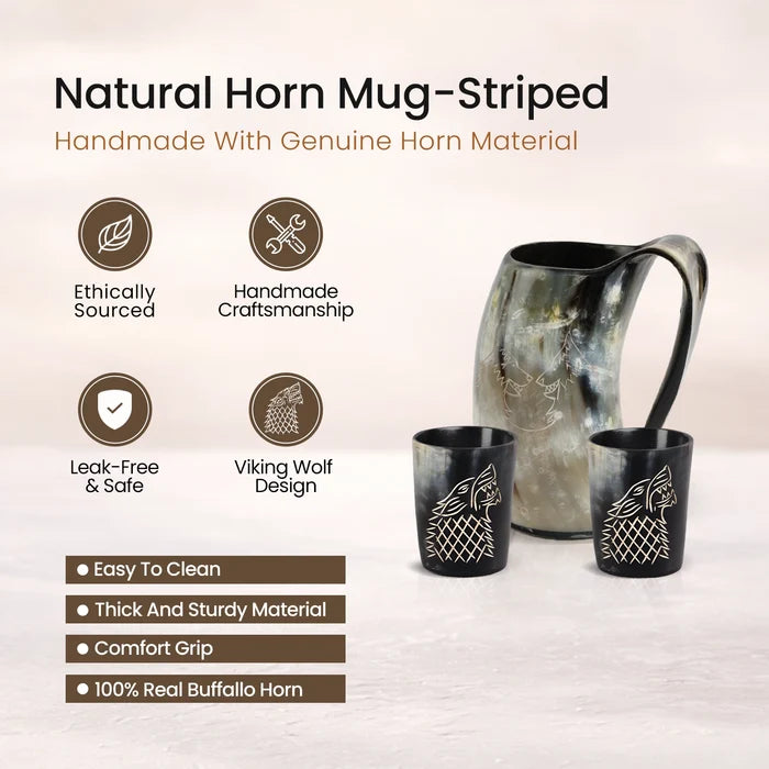 Real Buffalo Drinking Horn Viking Mug & Shot Glass Gift Set