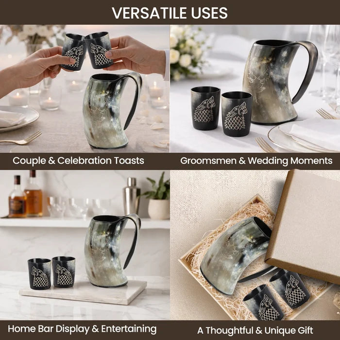 Real Buffalo Drinking Horn Viking Mug & Shot Glass Gift Set