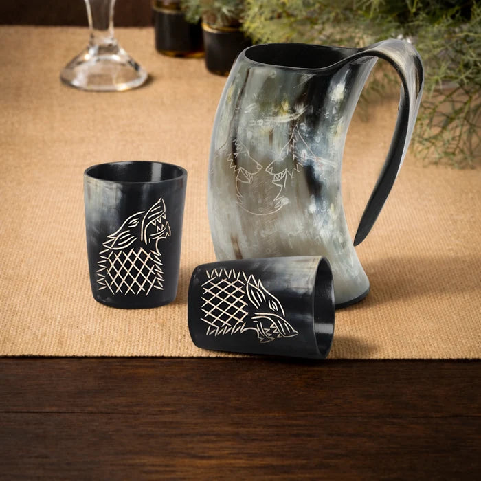 Real Buffalo Drinking Horn Viking Mug & Shot Glass Gift Set