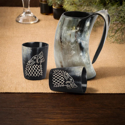 Real Buffalo Drinking Horn Viking Mug & Shot Glass Gift Set
