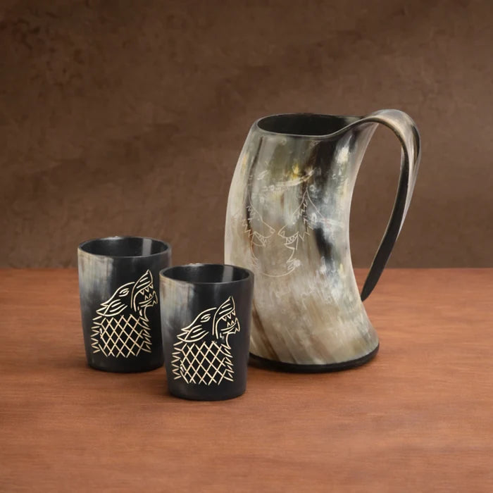 Real Buffalo Drinking Horn Viking Mug & Shot Glass Gift Set
