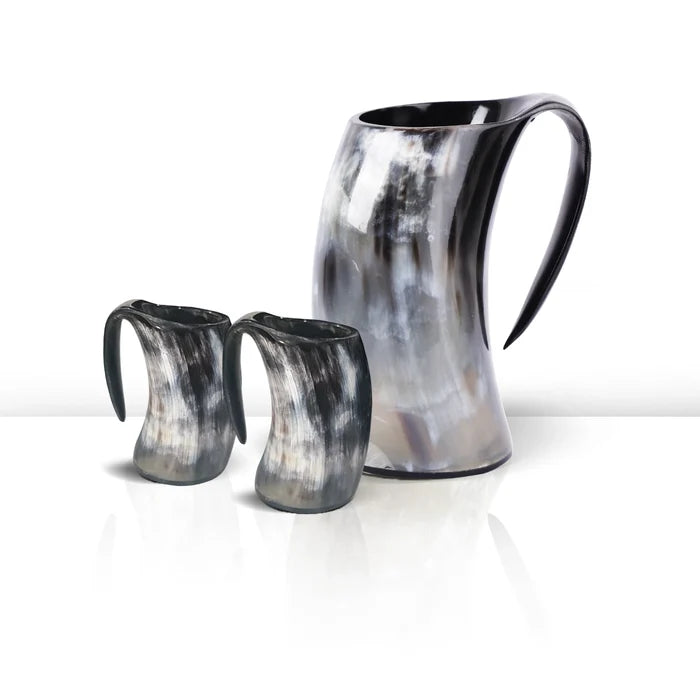 Handmade Real Buffalo Horn Viking Mug Set (1 Mug + 2 Mini Mugs, for beer, mead and ale