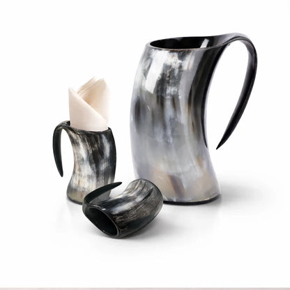 Real Buffalo Horn Viking Mug Set (1 Mug + 2 Mini Mugs)