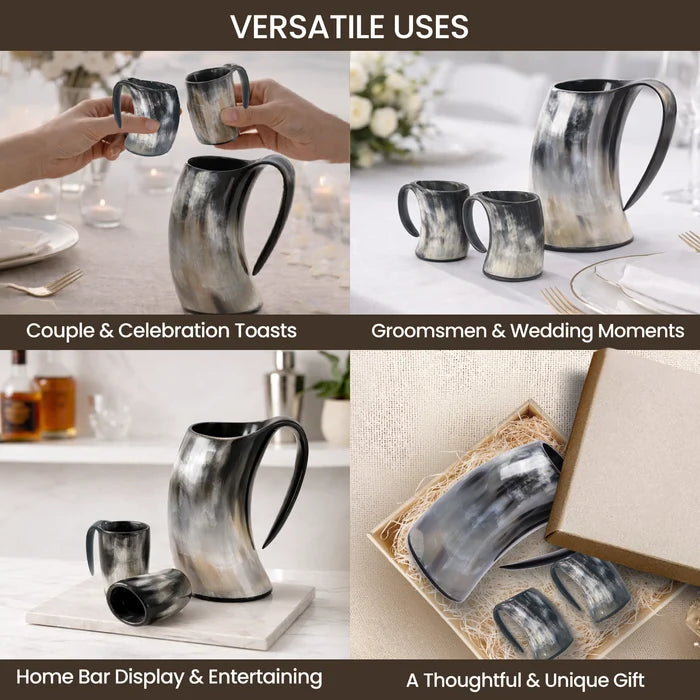Real Buffalo Horn Viking Mug Set (1 Mug + 2 Mini Mugs)