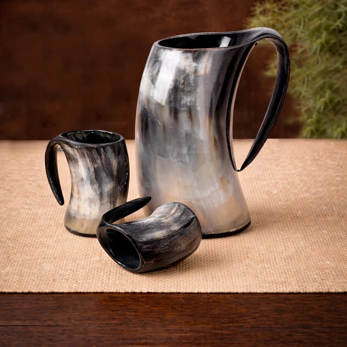 Real Buffalo Horn Viking Mug Set (1 Mug + 2 Mini Mugs)