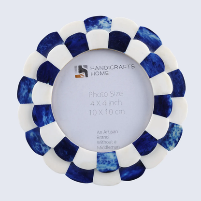 Handmade Round Picture Frame Scalloped Collection Bone Inlay Blue 4x4", for tabletop or wall display