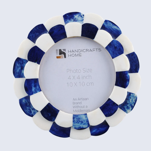 Handmade Round Picture Frame Scalloped Collection Bone Inlay Blue 4x4", for tabletop or wall display