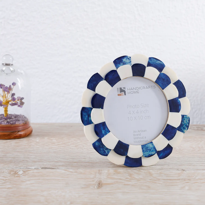 Round Picture Frame Scalloped Collection Bone Inlay Blue 4x4"